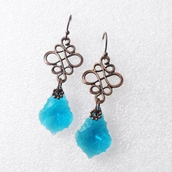 Teal Blue Fancy Cut Glass Drop Earrings - Blue & Copper! Dress Up + Feel Sexy! - Picture 2 of 8